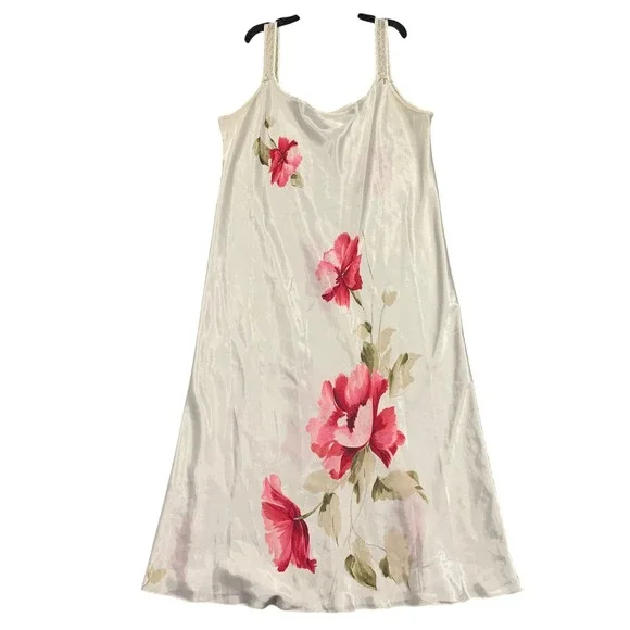 VTG California Dynasty Women L White Satin Floral Nightgown Slip Dress Lace Trim - Picture 1 of 6